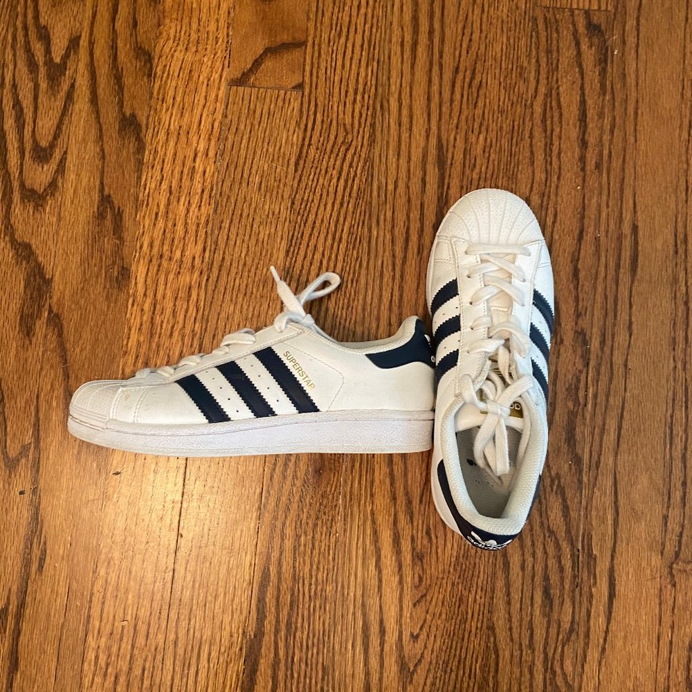 Adidas Superstar White and Navy- Women's 6/ Kids 4